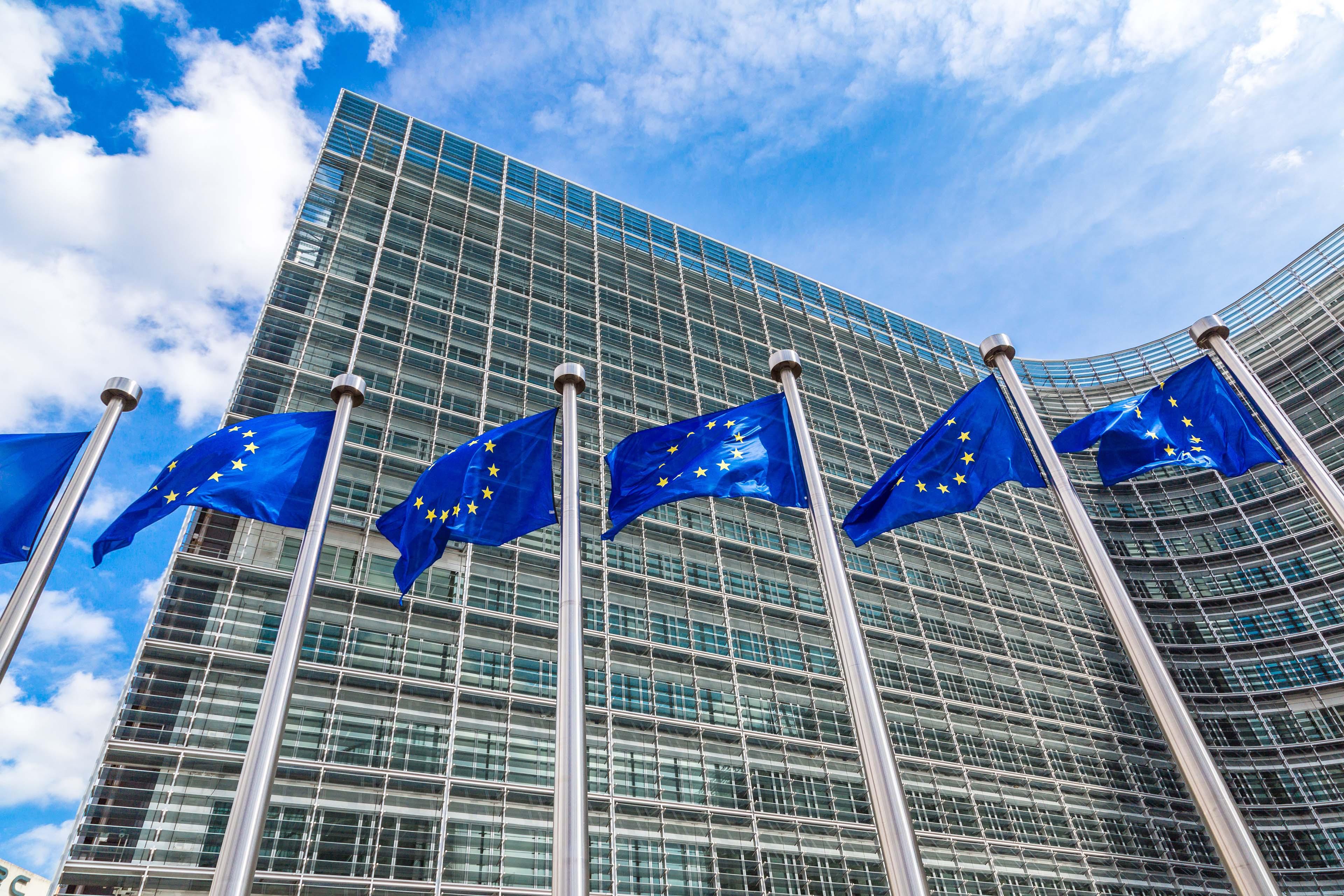 European Commission building behind a row of EU flags